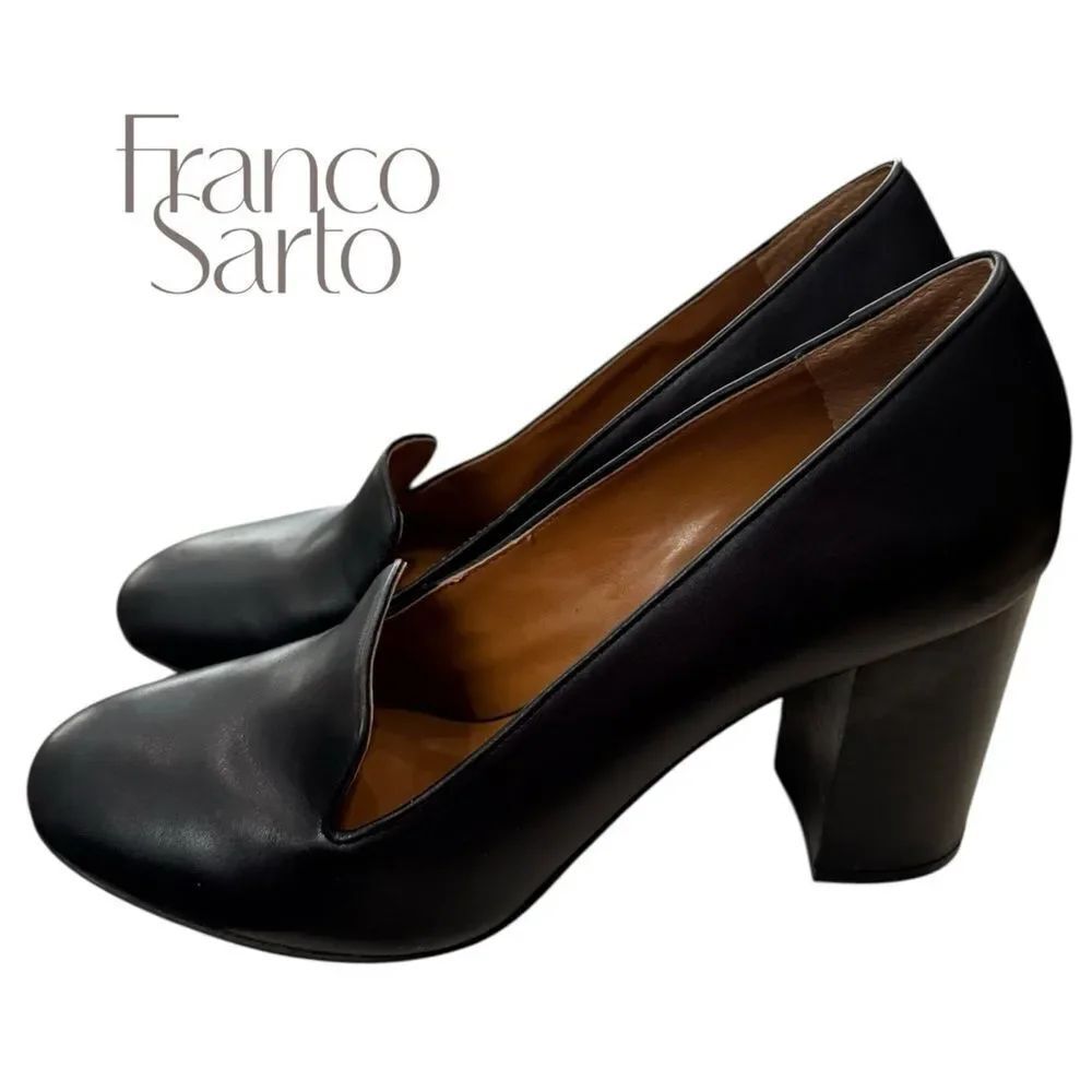 Franco Sarto AdelineโWomen's Black Leather Block Heel Pumps 10